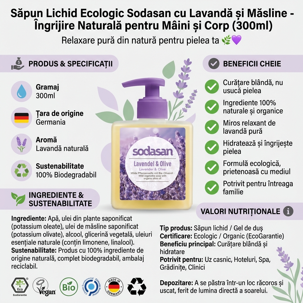 Săpun Lichid Ecologic Sodasan cu Lavandă și Măsline - Îngrijire Naturală pentru Mâini și Corp (300ml) 4