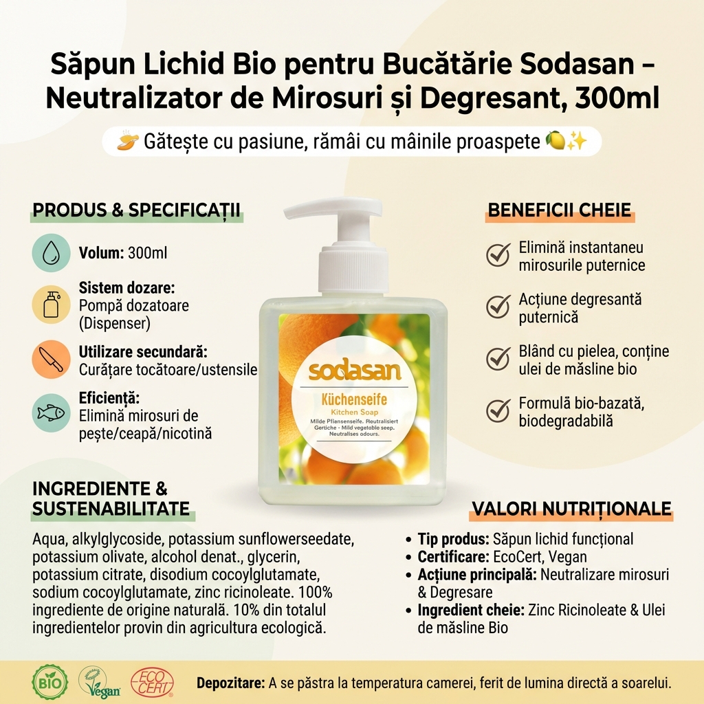 Săpun Lichid Bio pentru Bucătărie Sodasan - Neutralizator de Mirosuri și Degresant, 300ml 4