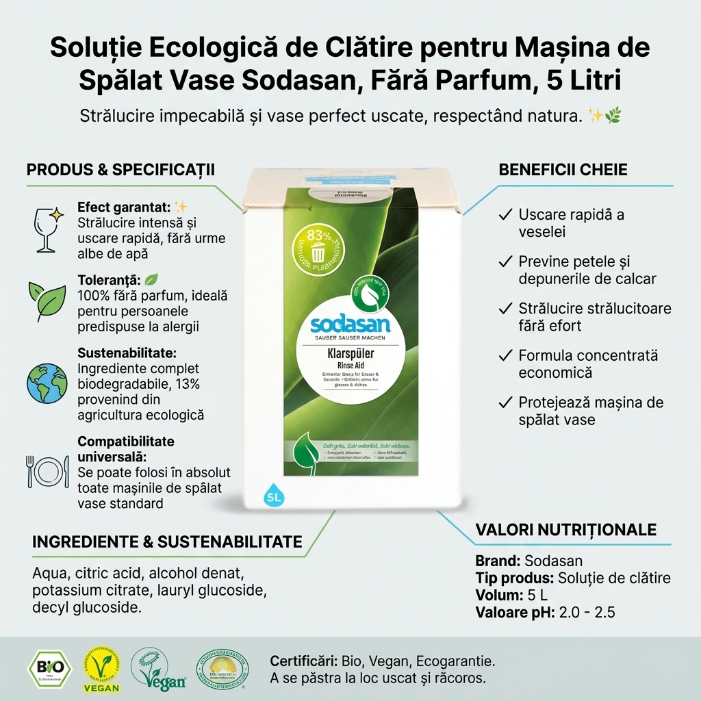 Soluție Ecologică de Clătire pentru Mașina de Spălat Vase Sodasan, Fără Parfum, 5 Litri 4