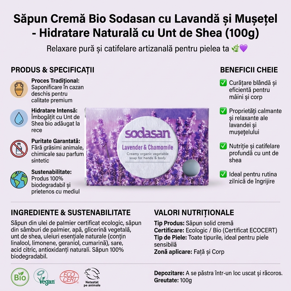 Săpun Cremă Bio Sodasan cu Lavandă și Mușețel - Hidratare Naturală cu Unt de Shea (100g) 4