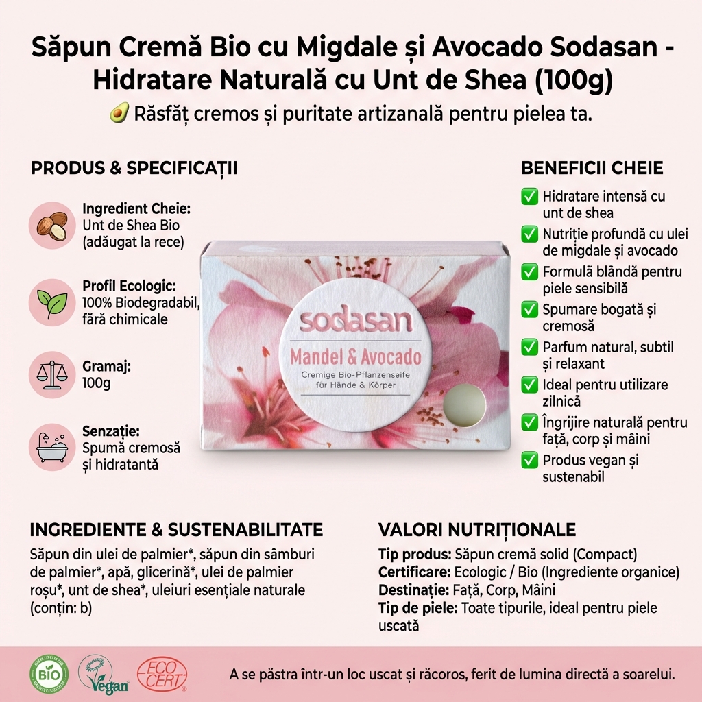 Săpun Cremă Bio cu Migdale și Avocado Sodasan - Hidratare Naturală cu Unt de Shea (100g) 4