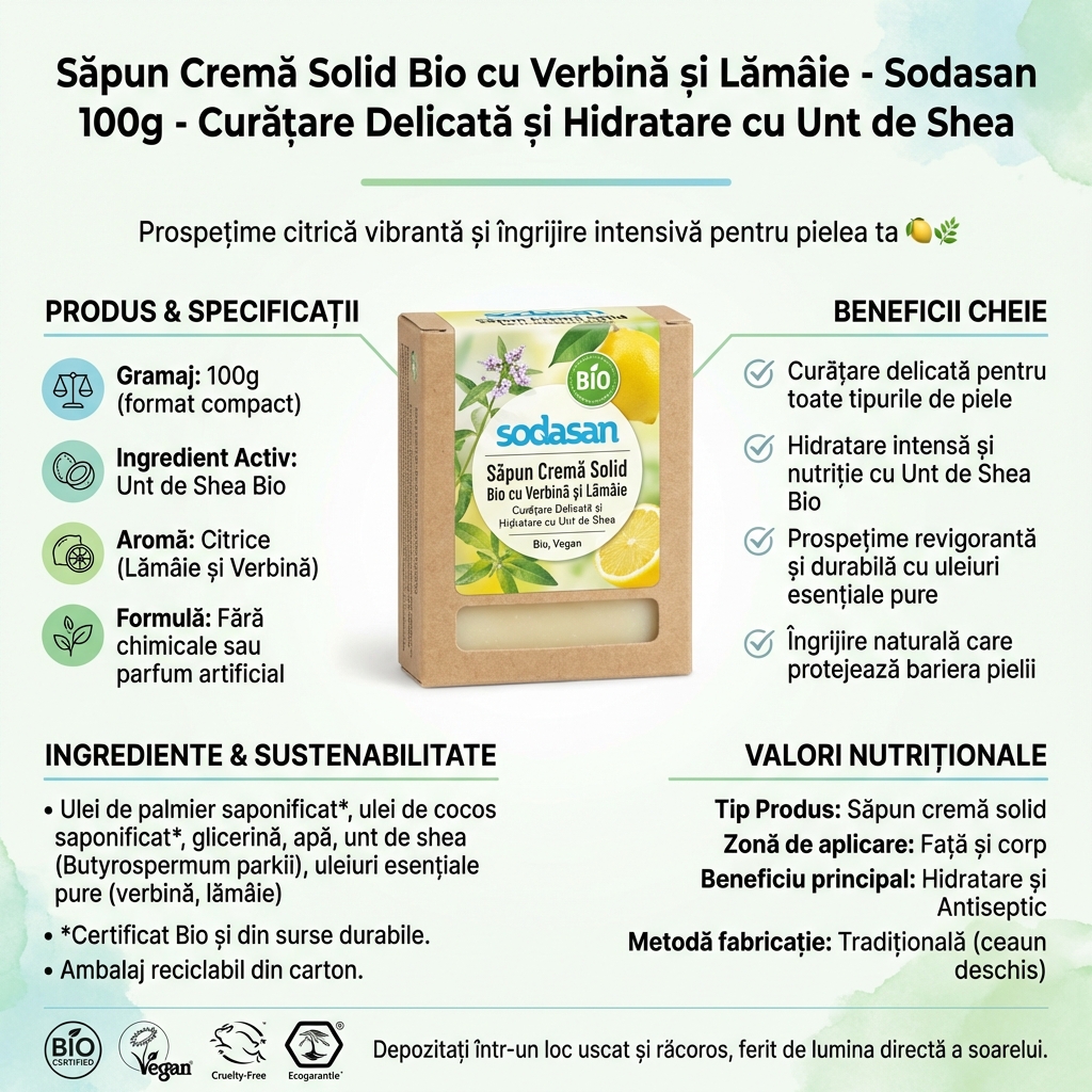 Săpun Cremă Solid Bio cu Verbină și Lămâie - Sodasan 100g - Curățare Delicată și Hidratare cu Unt de Shea 3