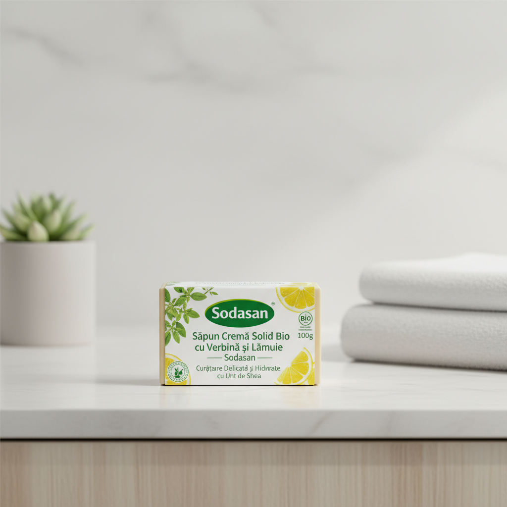 Săpun Cremă Solid Bio cu Verbină și Lămâie - Sodasan 100g - Curățare Delicată și Hidratare cu Unt de Shea