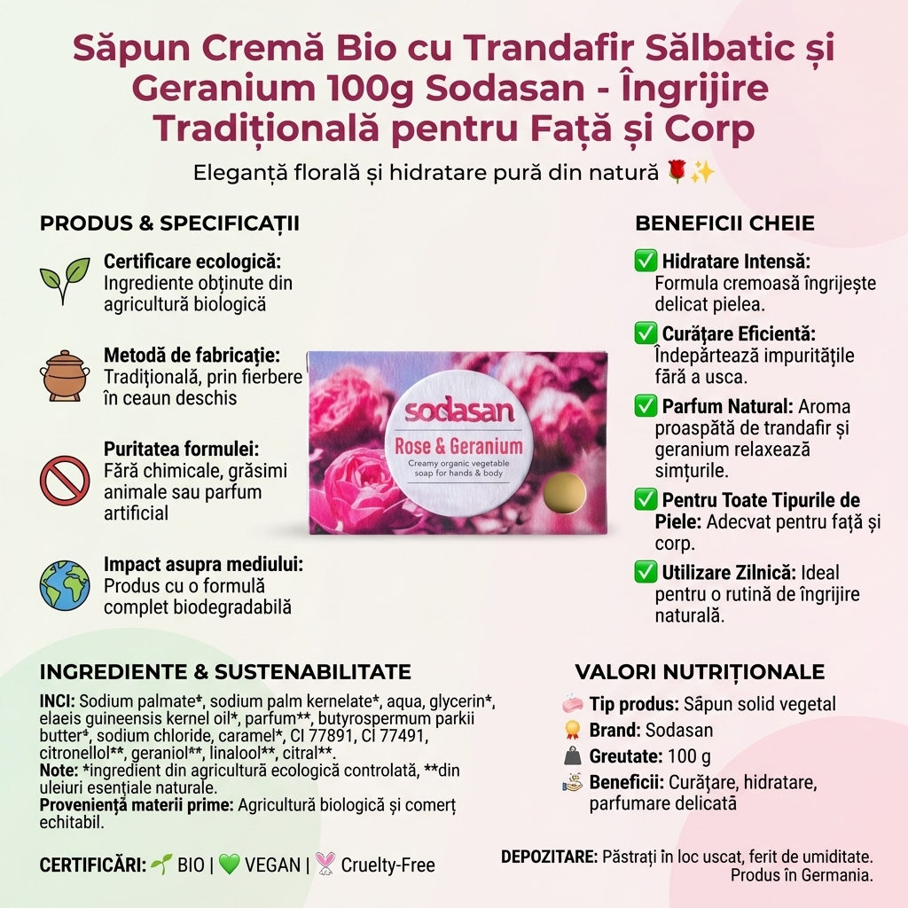Săpun Cremă Bio cu Trandafir Sălbatic și Geranium 100g Sodasan - Îngrijire Tradițională pentru Față și Corp 4
