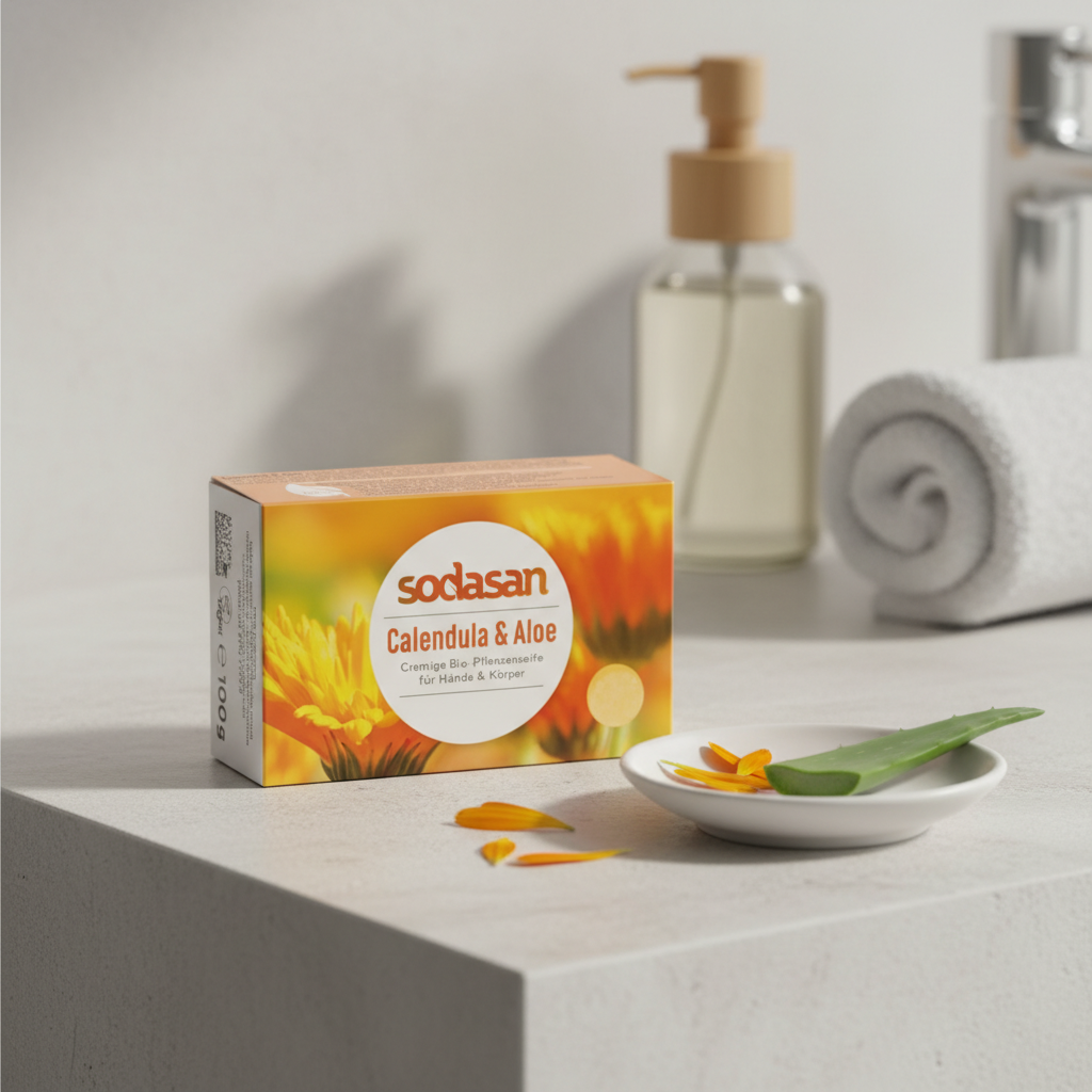 Săpun Cremă Solid Ecologic cu Gălbenele și Aloe Vera Sodasan, Îmbogățit cu Unt de Shea, 100g 2