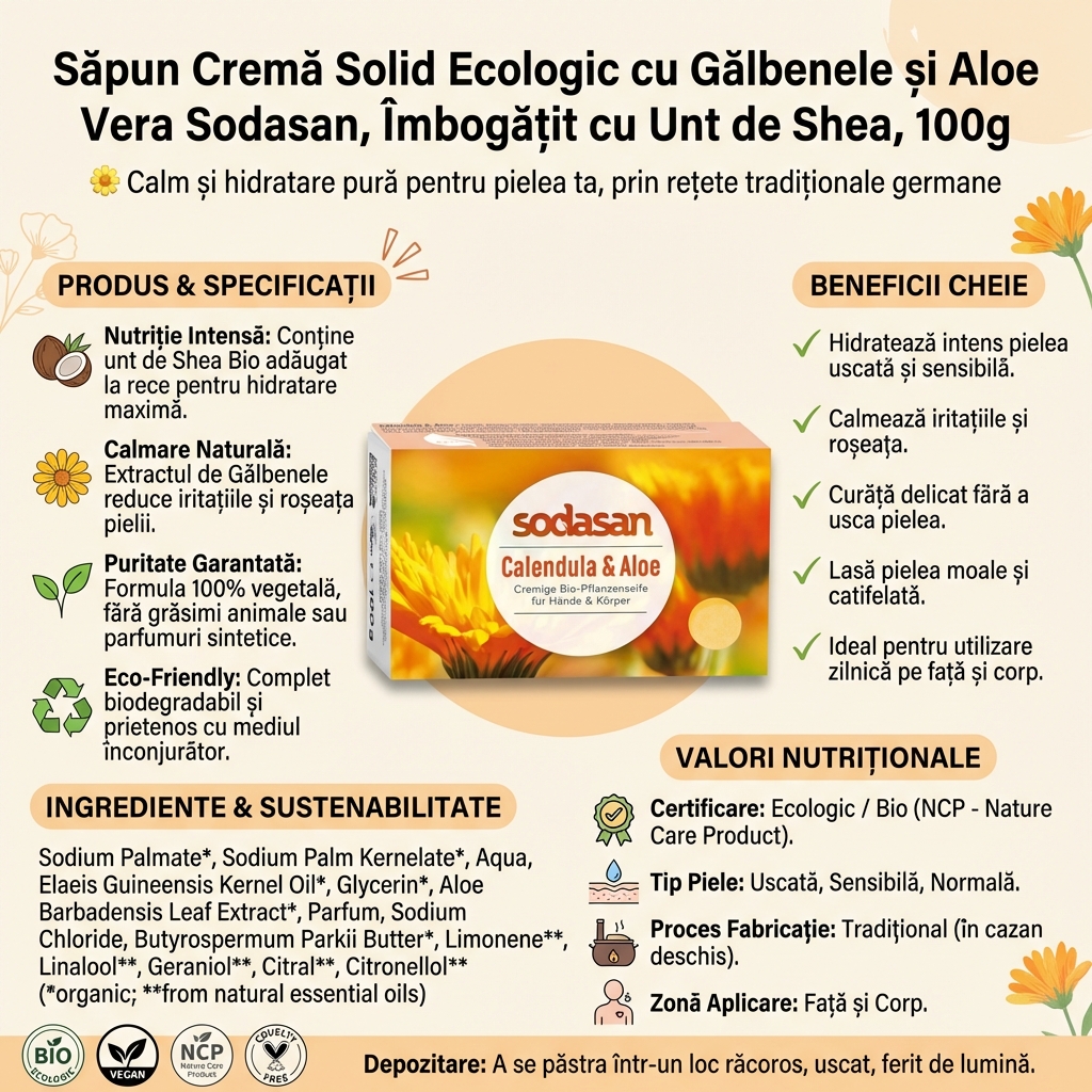 Săpun Cremă Solid Ecologic cu Gălbenele și Aloe Vera Sodasan, Îmbogățit cu Unt de Shea, 100g 4