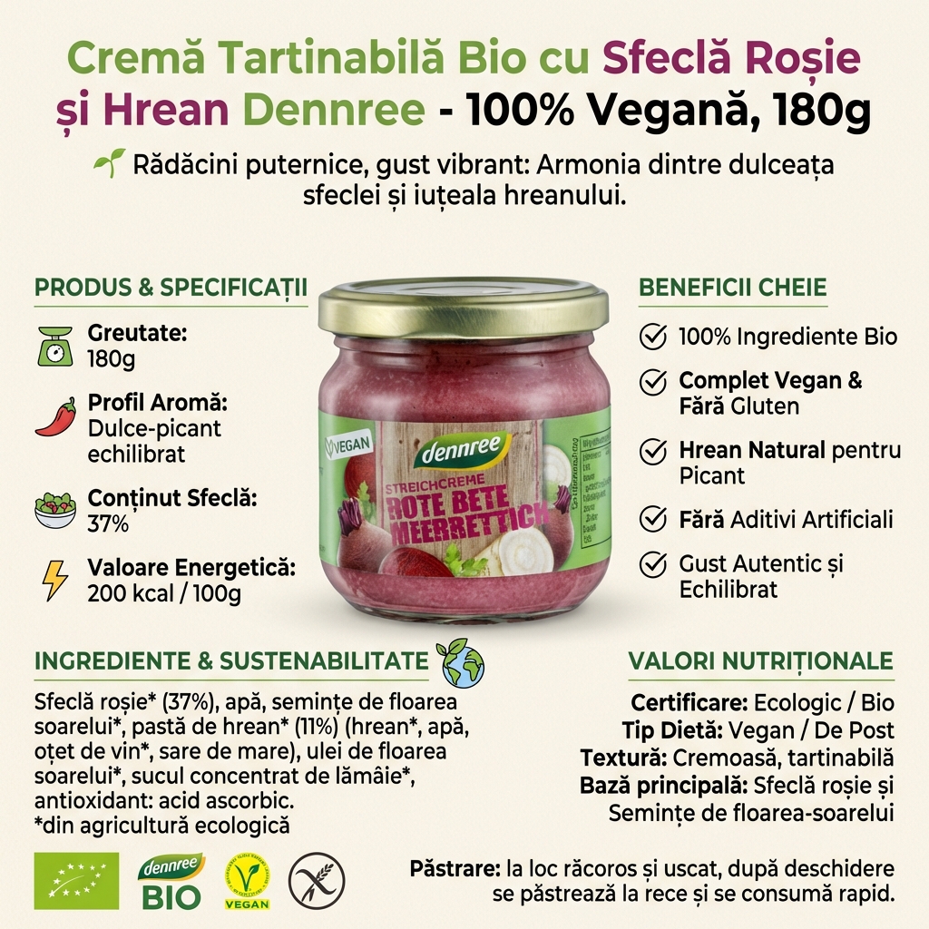 Cremă Tartinabilă Bio cu Sfeclă Roșie și Hrean Dennree - 100% Vegană, 180g 4