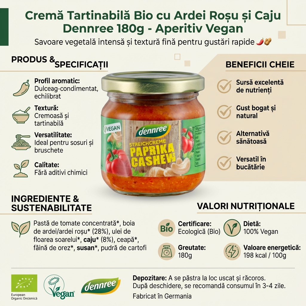 Cremă Tartinabilă Bio cu Ardei Roșu și Caju Dennree 180g - Aperitiv Vegan 4