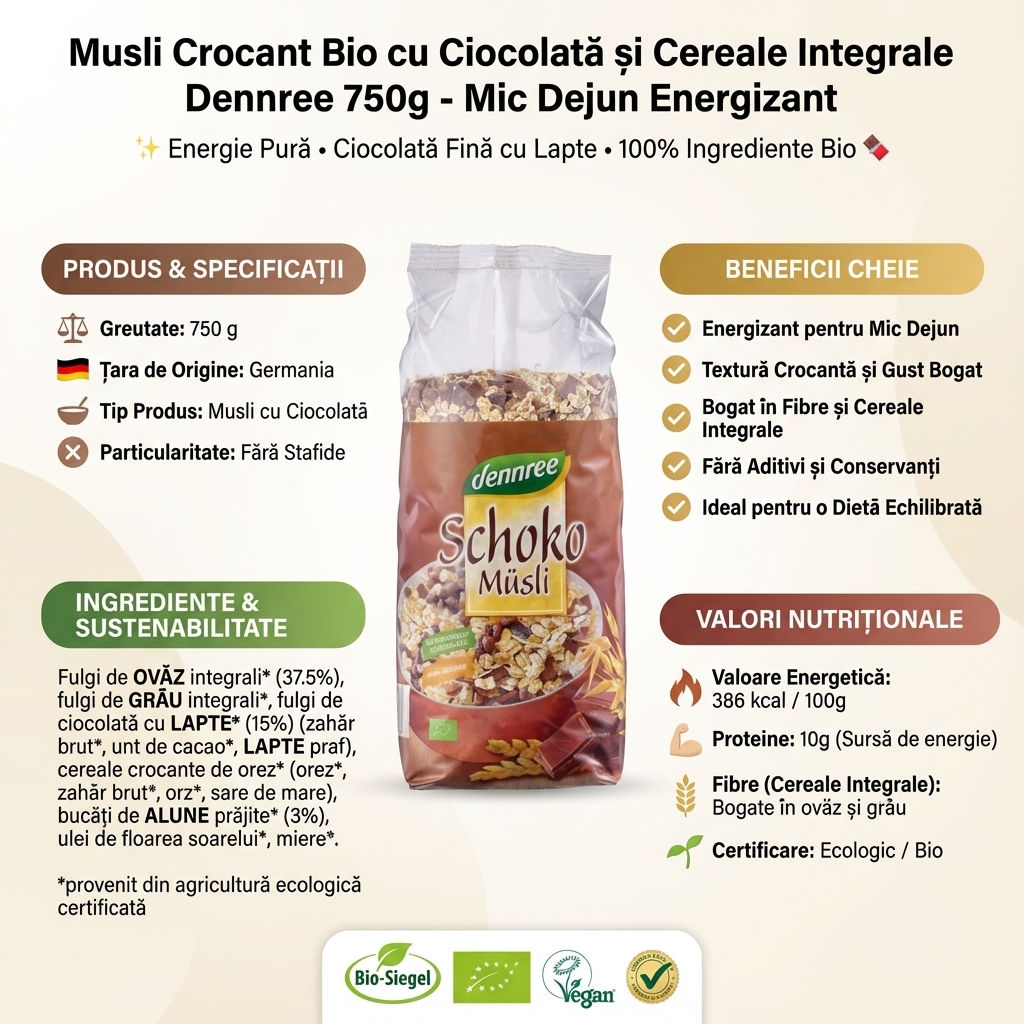 Musli Crocant Bio cu Ciocolată și Cereale Integrale Dennree 750g - Mic Dejun Energizant 4