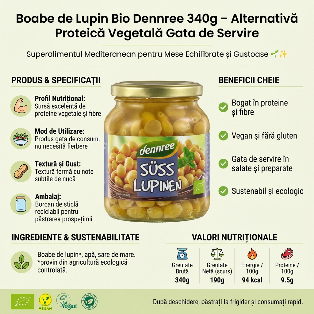 Boabe de Lupin Bio Dennree 340g – Alternativă Proteică Vegetală Gata de Servire 4