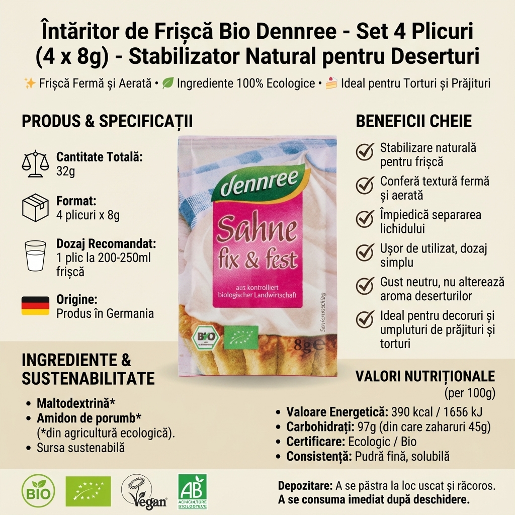 Întăritor de Frișcă Bio Dennree - Set 4 Plicuri (4 x 8g) - Stabilizator Natural pentru Deserturi 4