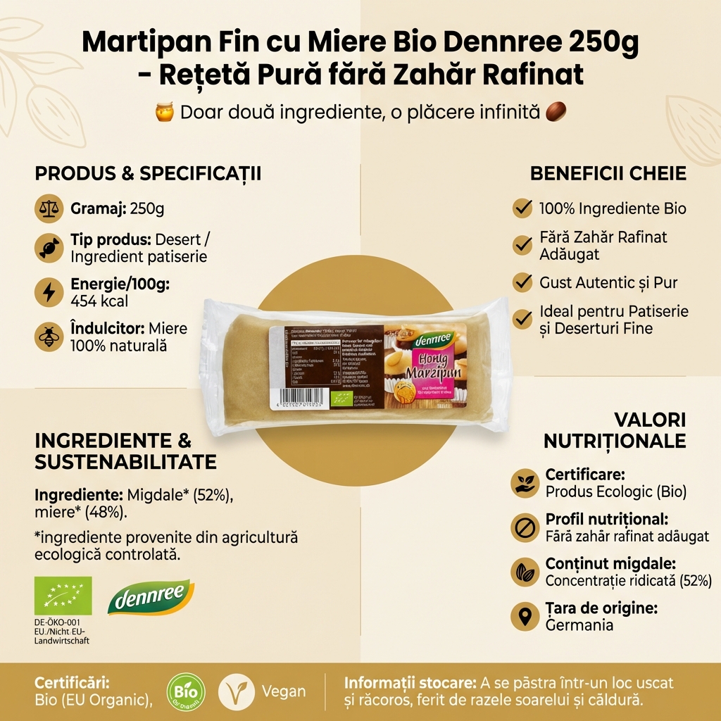 Martipan Fin cu Miere Bio Dennree 250g - Rețetă Pură fără Zahăr Rafinat 4
