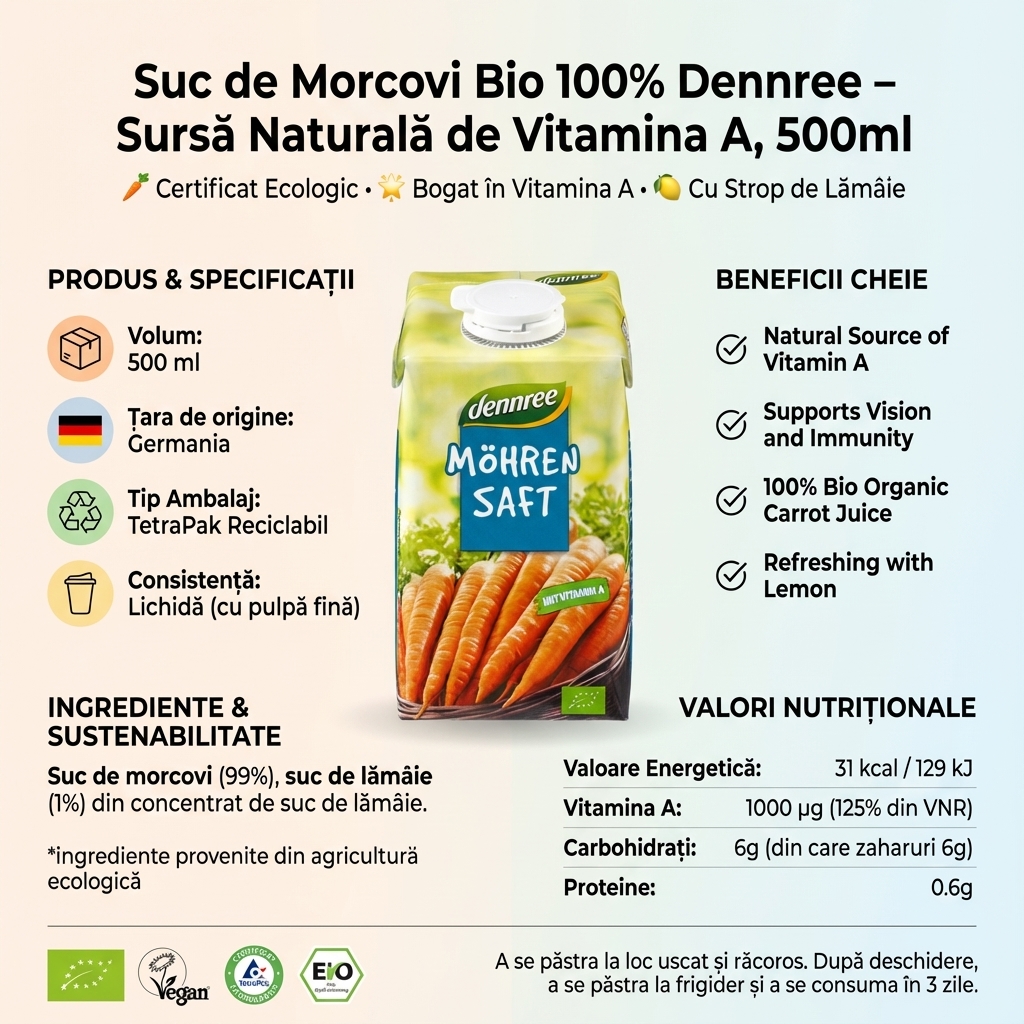 Suc de Morcovi Bio 100% Dennree - Sursă Naturală de Vitamina A, 500ml 4