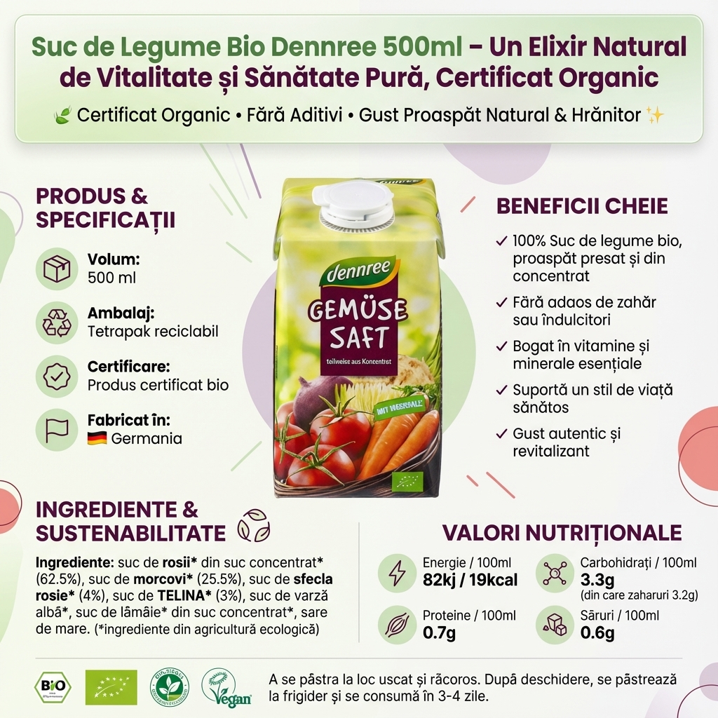 Suc de Legume Bio Dennree 500ml – Un Elixir Natural de Vitalitate și Sănătate Pură, Certificat Organic 4