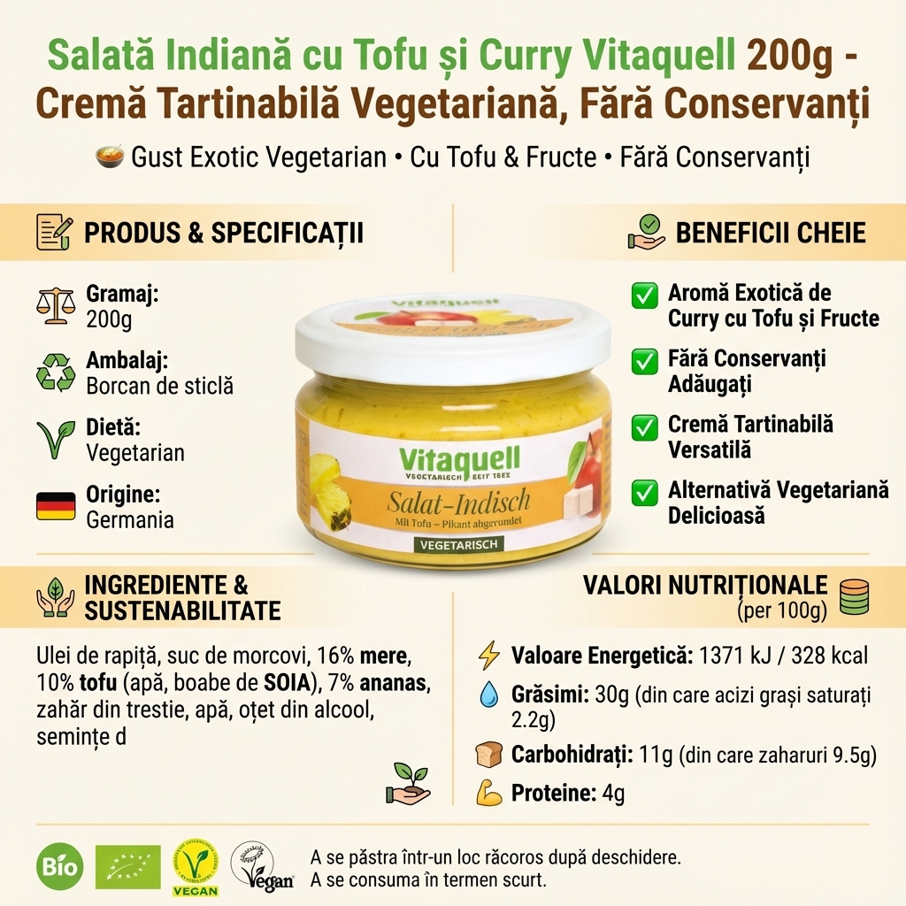 Salată Indiană cu Tofu și Curry Vitaquell 200g - Cremă Tartinabilă Vegetariană, Fără Conservanți 4