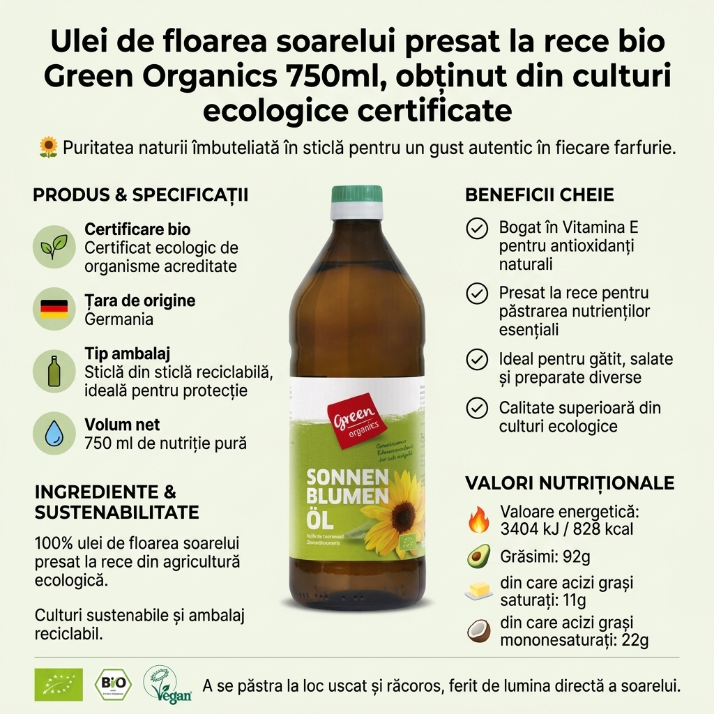 Ulei de floarea soarelui presat la rece bio Green Organics 750ml, obținut din culturi ecologice certificate 4