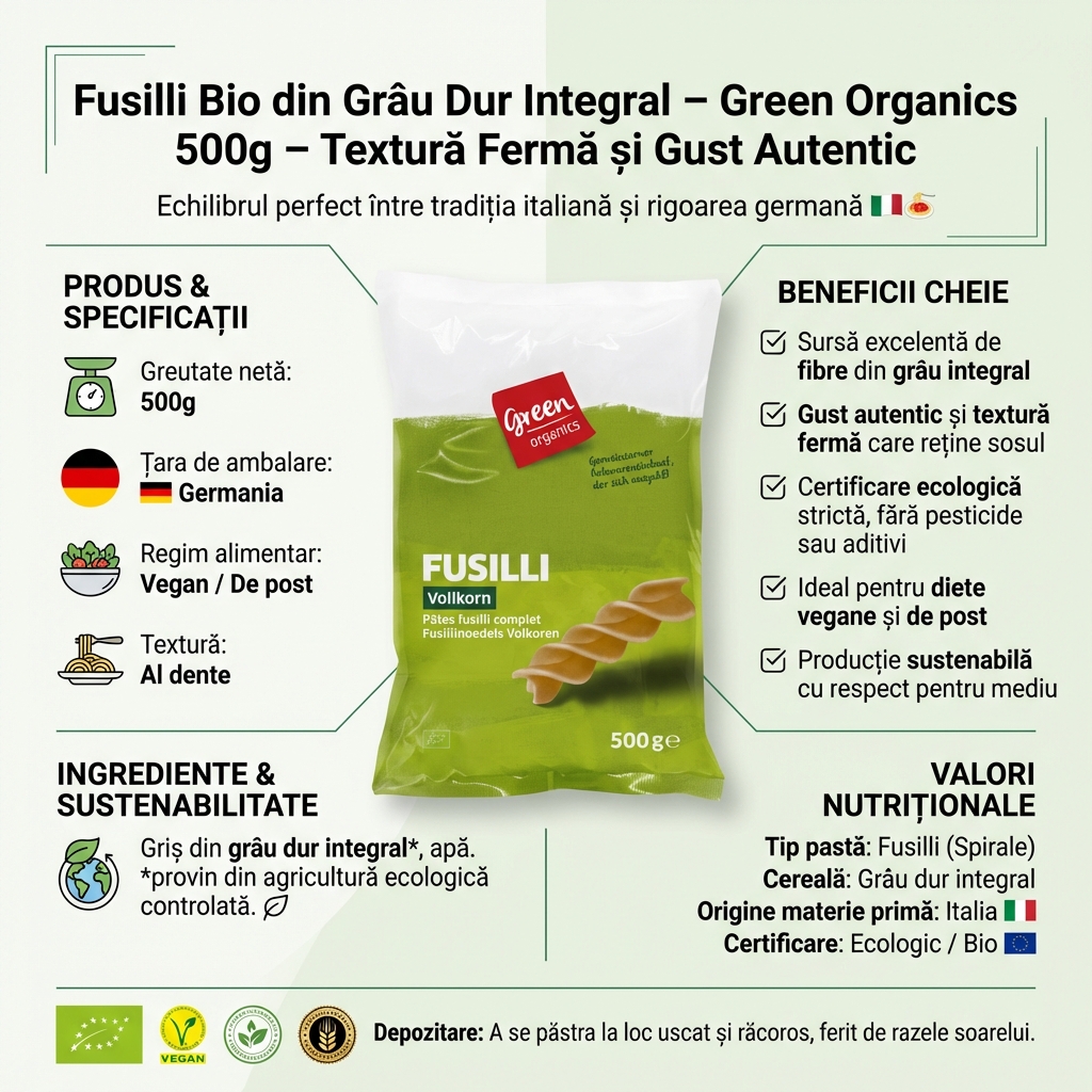 Fusilli Bio din Grâu Dur Integral – Green Organics 500g – Textură Fermă și Gust Autentic 4