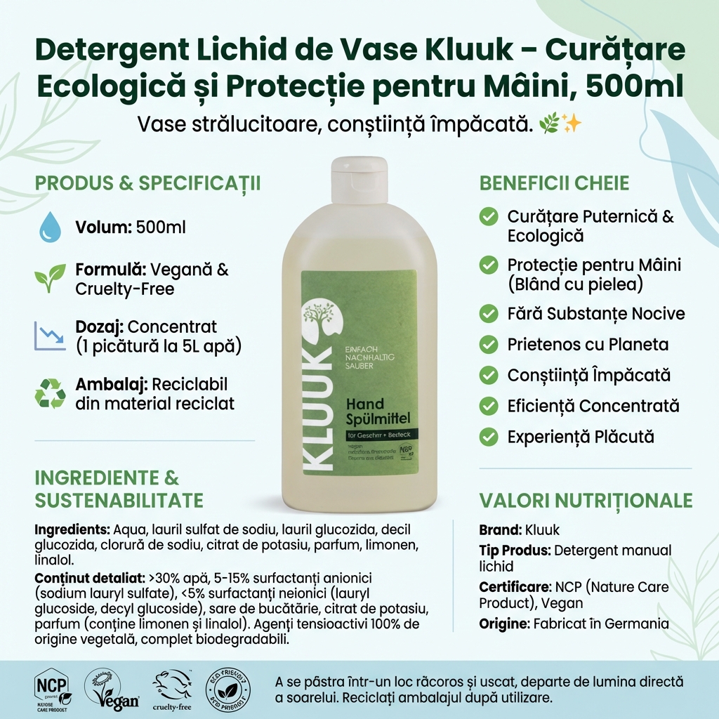 Detergent Lichid de Vase Kluuk – Curățare Ecologică și Protecție pentru Mâini, 500ml 4