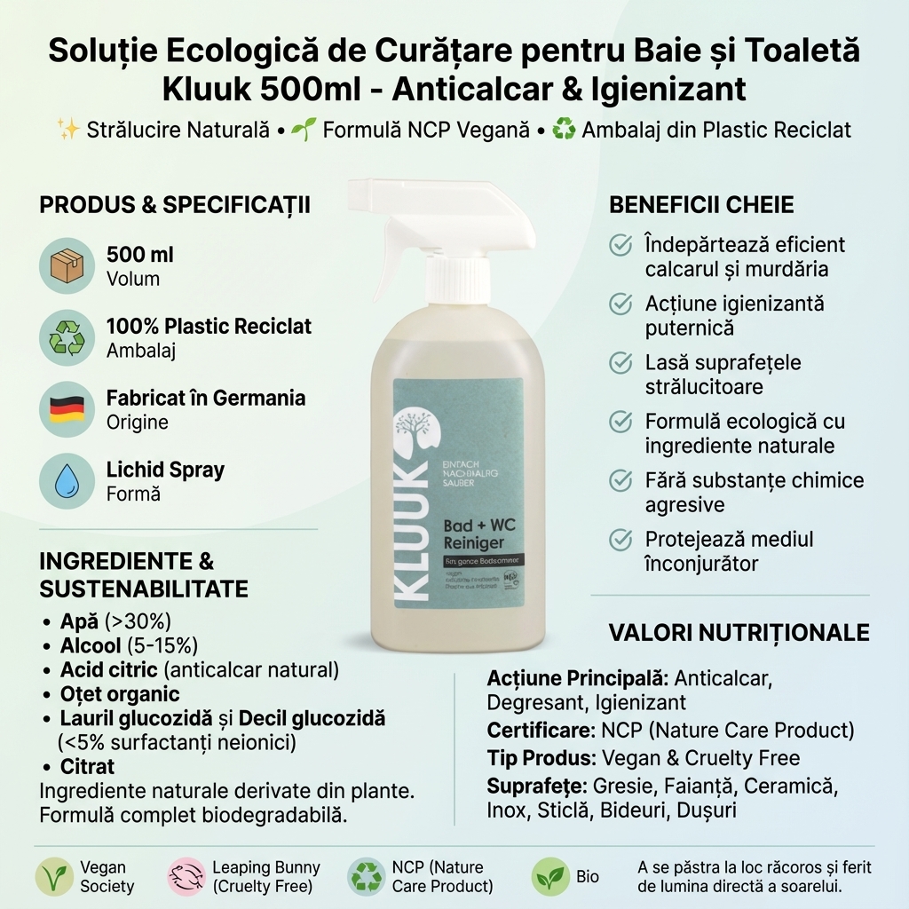 Soluție Ecologică de Curățare pentru Baie și Toaletă Kluuk 500ml - Anticalcar & Igienizant 4