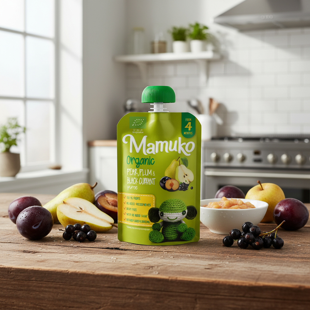 Piure Bio de Pere, Prune și Coacăze Negre Mamuko, 100g – Gustare Naturală pentru Bebeluși 4 Luni+ 2