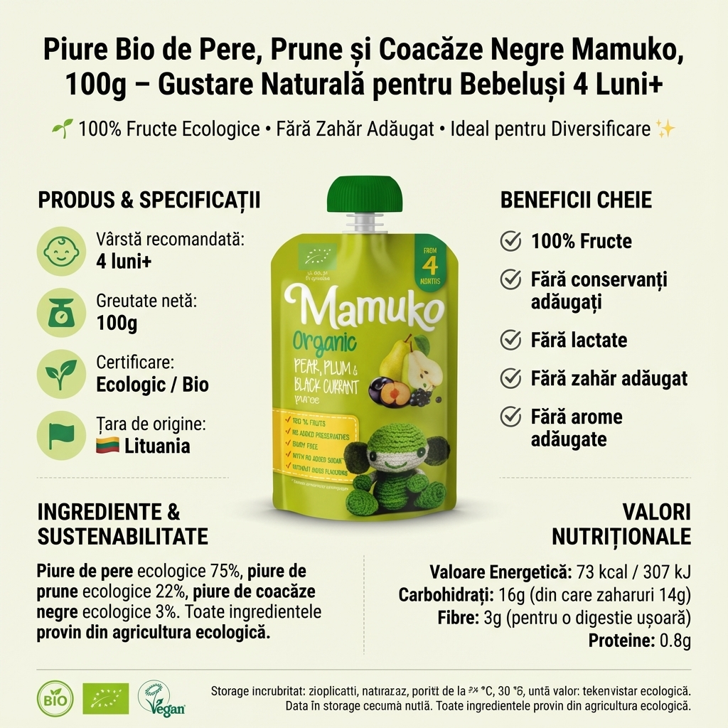 Piure Bio de Pere, Prune și Coacăze Negre Mamuko, 100g – Gustare Naturală pentru Bebeluși 4 Luni+ 4