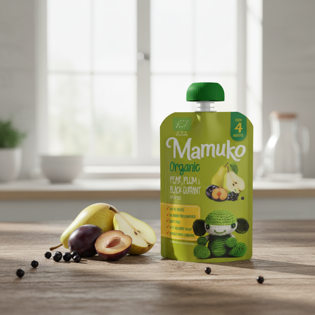 Piure Bio de Pere, Prune și Coacăze Negre Mamuko, 100g – Gustare Naturală pentru Bebeluși 4 Luni+