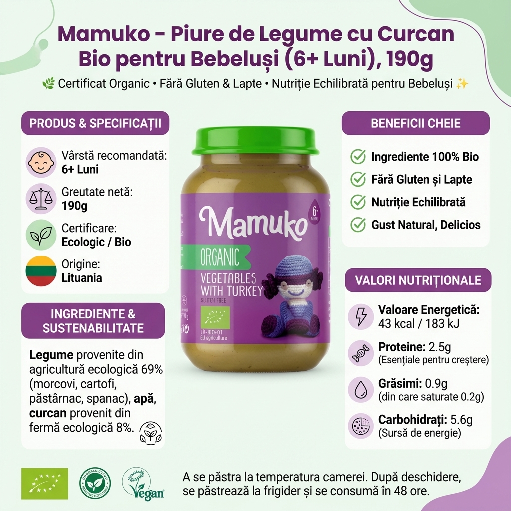 Mamuko - Piure de Legume cu Curcan Bio pentru Bebeluși (6+ Luni), 190g 4