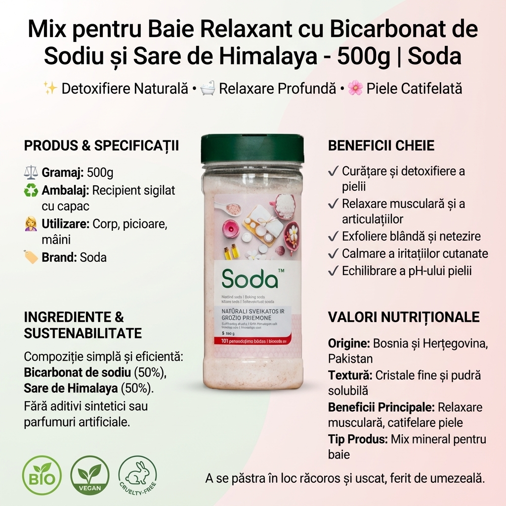 Mix pentru Baie Relaxant cu Bicarbonat de Sodiu și Sare de Himalaya - 500g | Soda 4