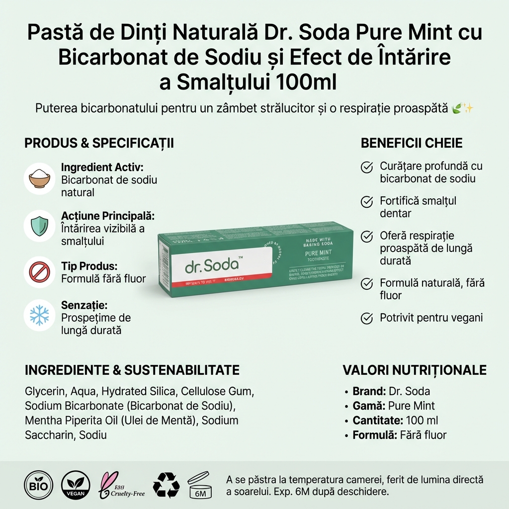 Pastă de Dinți Naturală Dr. Soda Pure Mint cu Bicarbonat de Sodiu și Efect de Întărire a Smalțului 100ml 4