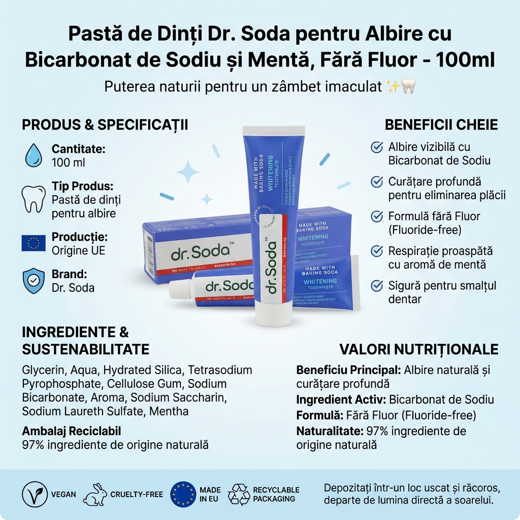 Pastă de Dinți Dr. Soda pentru Albire cu Bicarbonat de Sodiu și Mentă, Fără Fluor - 100ml 4