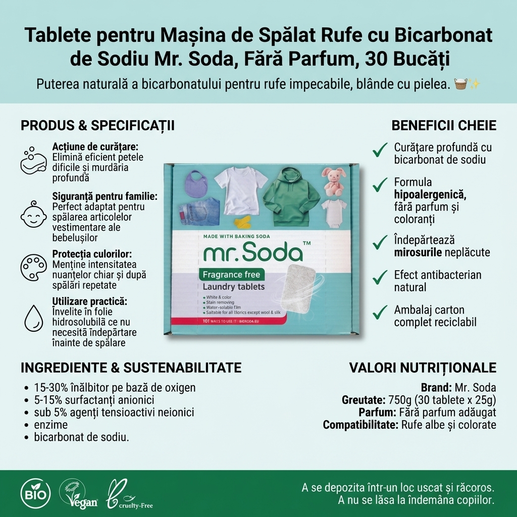 Tablete pentru Mașina de Spălat Rufe cu Bicarbonat de Sodiu Mr. Soda, Fără Parfum, 30 Bucăți 4