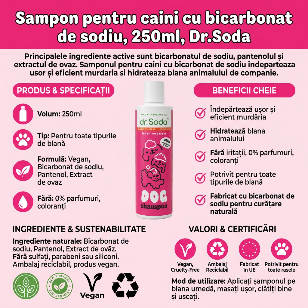 Șampon Natural pentru Câini Dr.Soda cu Bicarbonat de Sodiu și Pantenol, 250ml - Curățare Delicată Fără Parfum 4