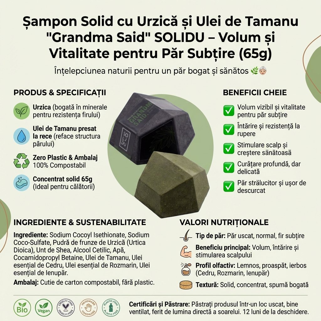 Șampon Solid cu Urzică și Ulei de Tamanu "Grandma Said" SOLIDU - Volum și Vitalitate pentru Păr Subțire (65g) 4