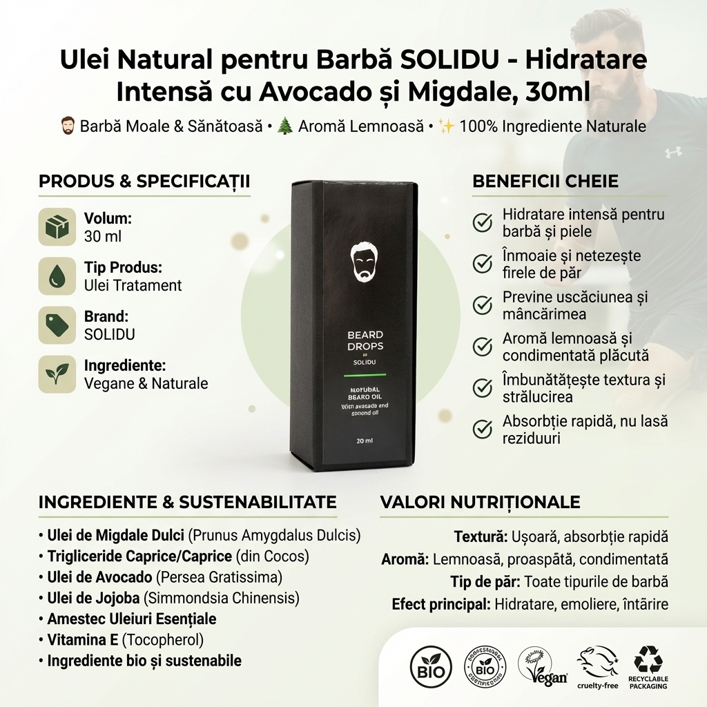 Ulei Natural pentru Barbă SOLIDU - Hidratare Intensă cu Avocado și Migdale, 30ml 4