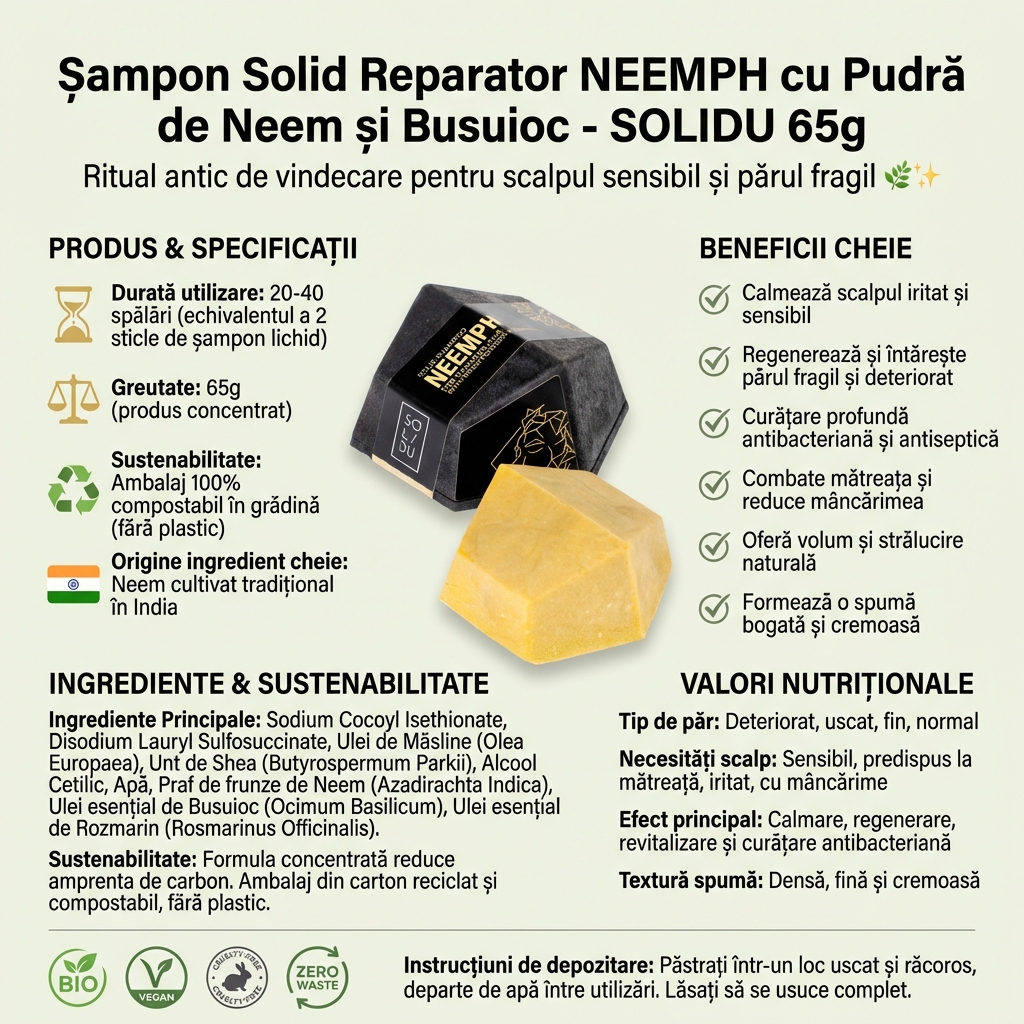 Șampon Solid Reparator NEEMPH cu Pudră de Neem și Busuioc - SOLIDU 65g 4
