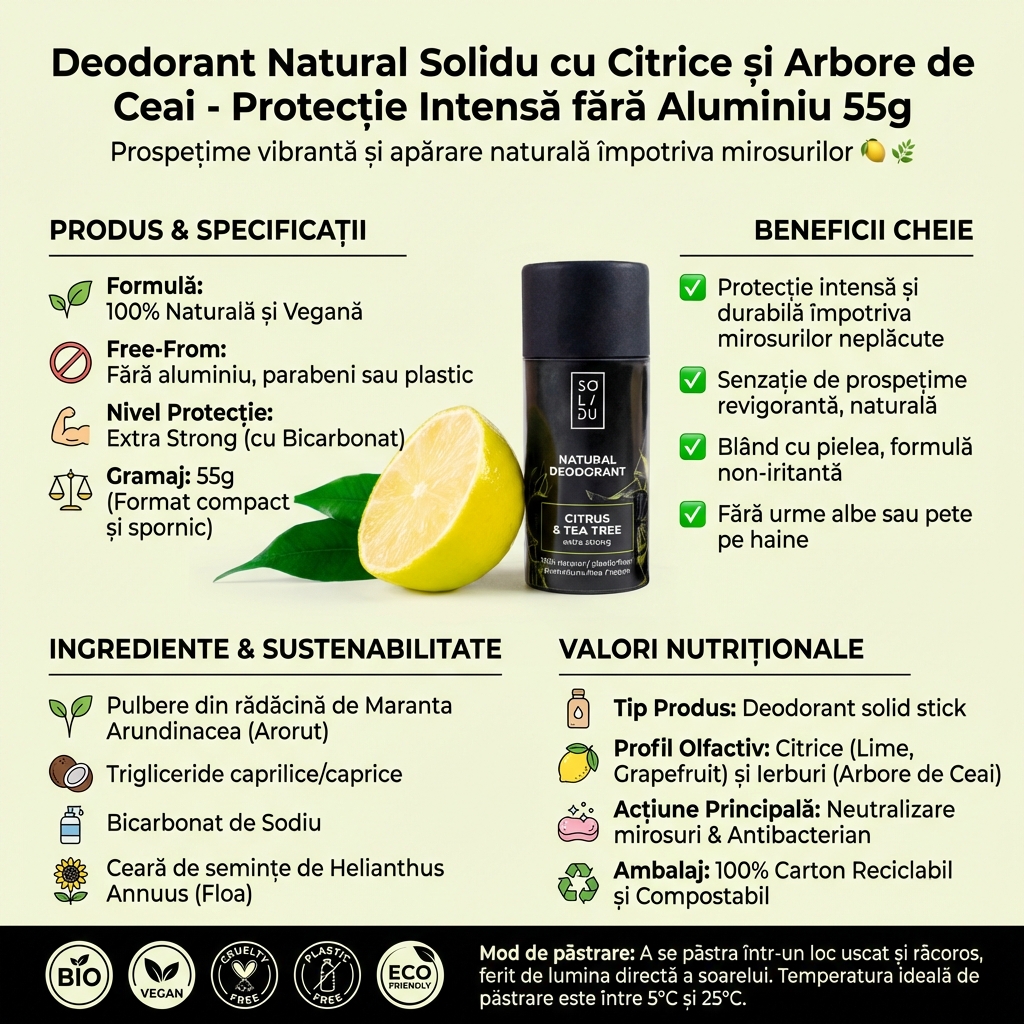 Deodorant Natural Solidu cu Citrice și Arbore de Ceai - Protecție Intensă fără Aluminiu 55g 4