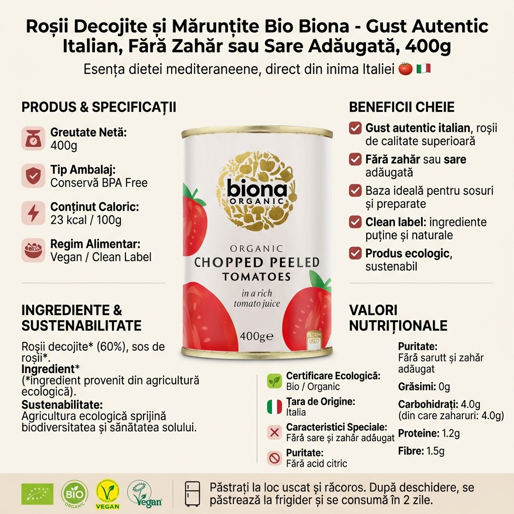 Roșii Decojite și Mărunțite Bio Biona - Gust Autentic Italian, Fără Zahăr sau Sare Adăugată, 400g 4