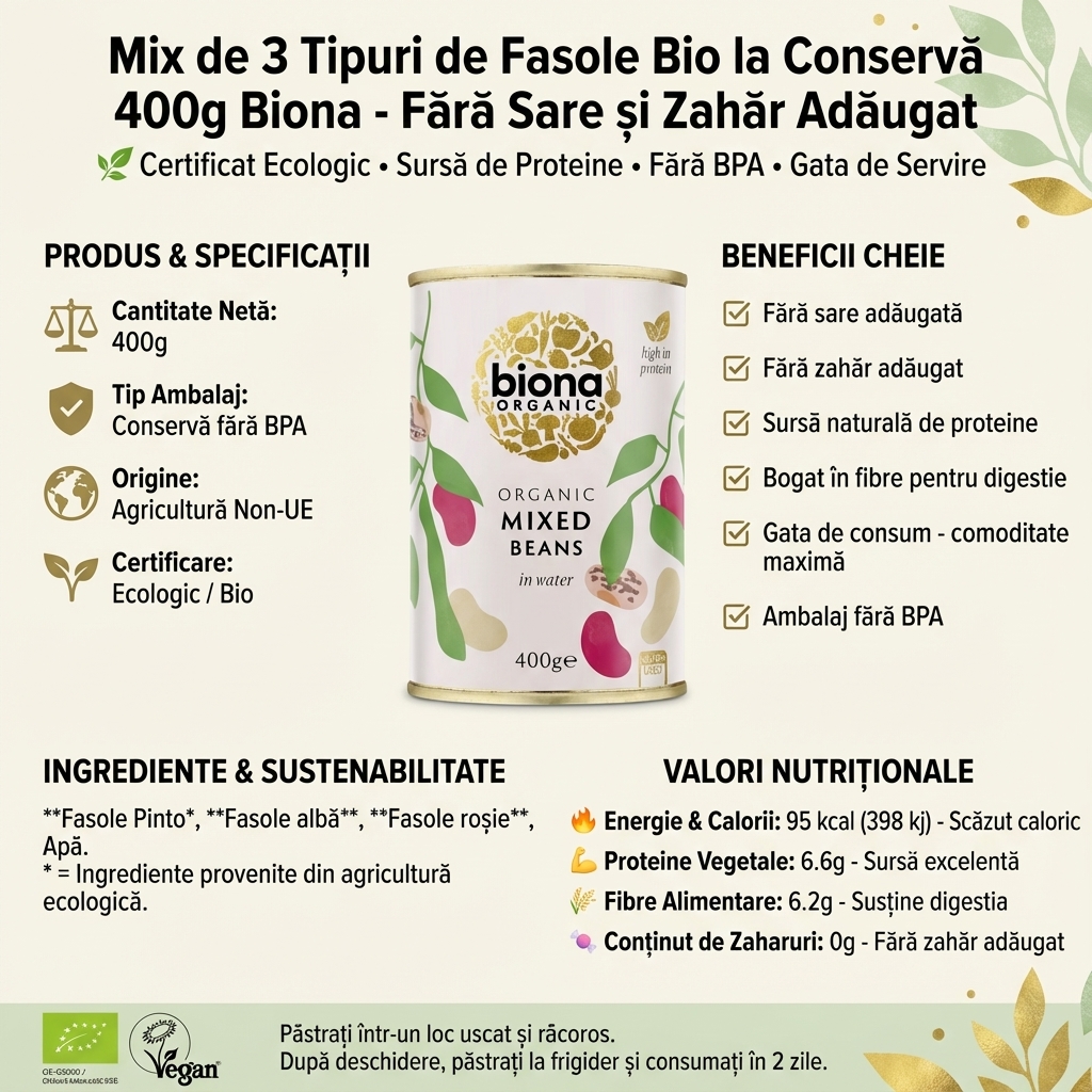 Mix de 3 Tipuri de Fasole Bio la Conservă 400g Biona - Fără Sare și Zahăr Adăugat 4