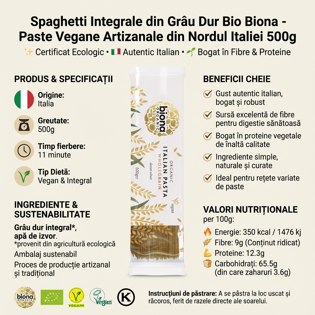 Spaghetti Integrale din Grâu Dur Bio Biona - Paste Vegane Artizanale din Nordul Italiei 500g 4