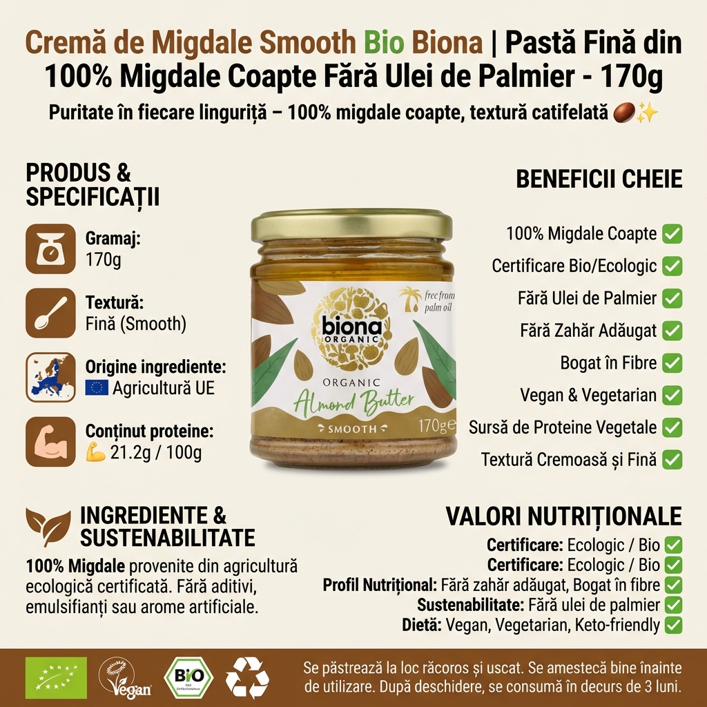 Cremă de Migdale Smooth Bio Biona | Pastă Fină din 100% Migdale Coapte Fără Ulei de Palmier - 170g 4