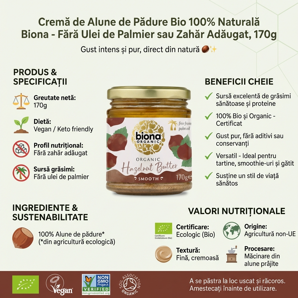 Cremă de Alune de Pădure Bio 100% Naturală Biona - Fără Ulei de Palmier sau Zahăr Adăugat, 170g 4