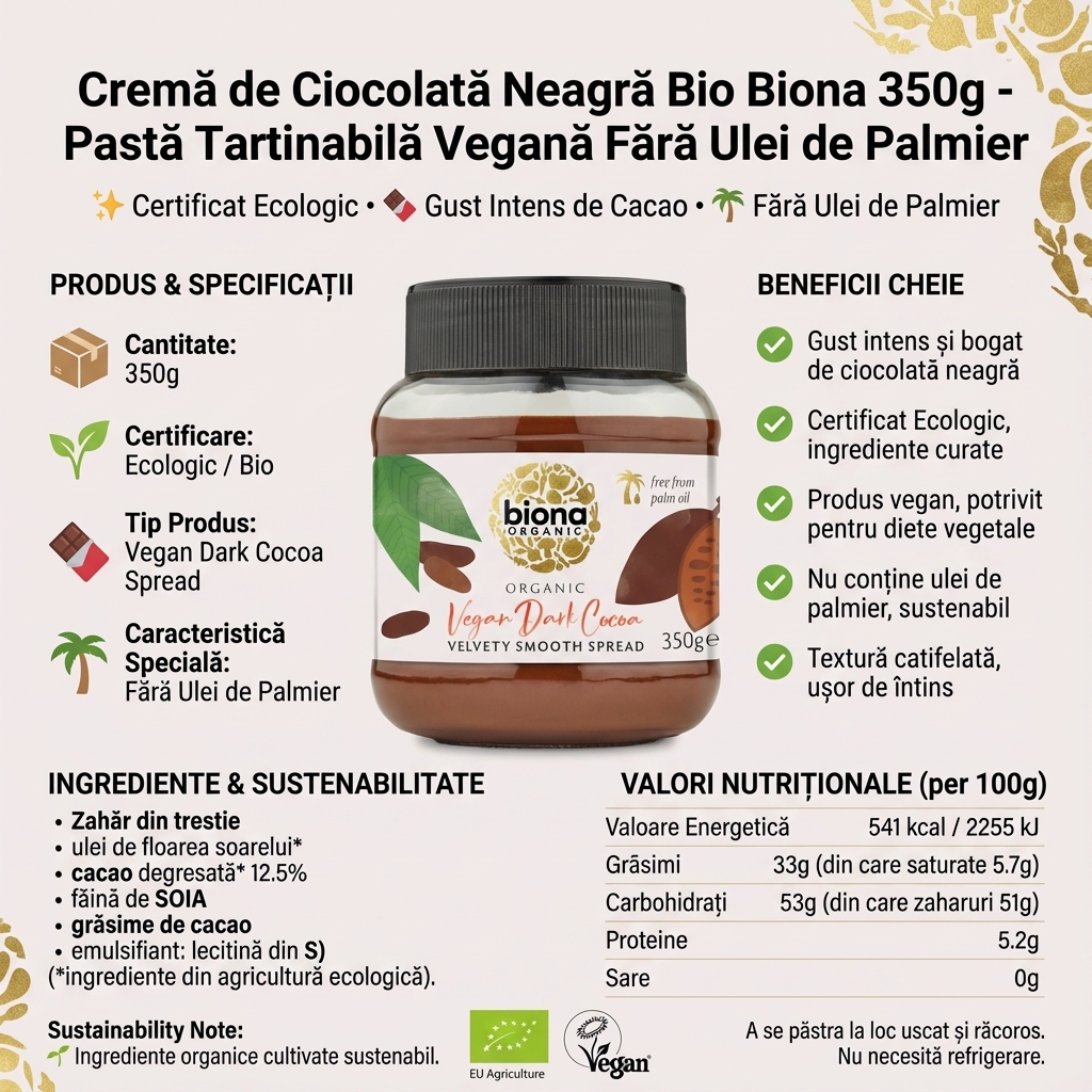 Cremă de Ciocolată Neagră Bio Biona 350g - Pastă Tartinabilă Vegană Fără Ulei de Palmier 4