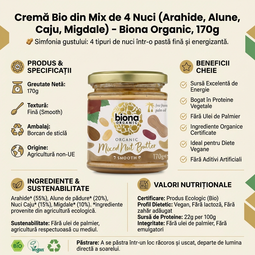 Cremă Bio din Mix de 4 Nuci (Arahide, Alune, Caju, Migdale) - Biona Organic, 170g 4