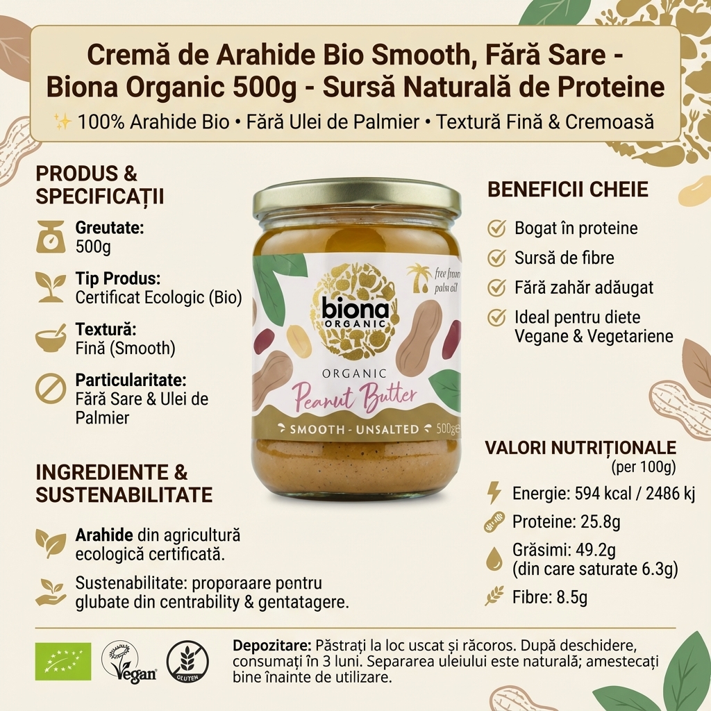 Cremă de Arahide Bio Smooth, Fără Sare - Biona Organic 500g - Sursă Naturală de Proteine 4