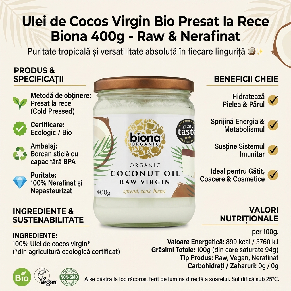 Ulei de Cocos Virgin Bio Presat la Rece Biona 400g - Raw & Nerafinat 4