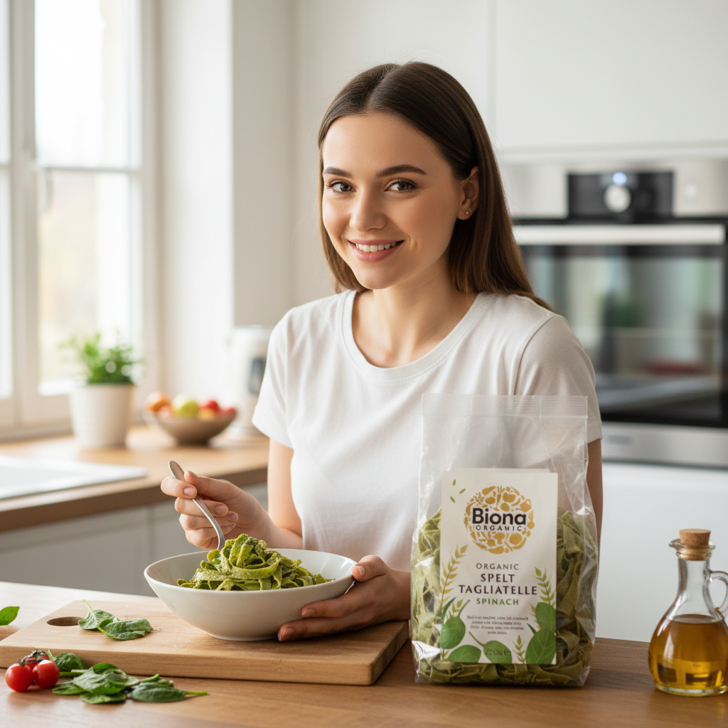 Tagliatelle Bio din Grâu Spelta cu Spanac, Bogate în Fibre și Proteine - Biona Organic 250g 3