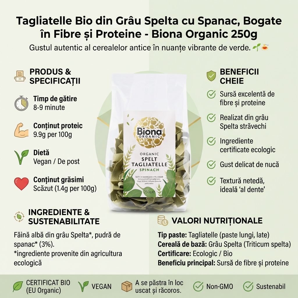 Tagliatelle Bio din Grâu Spelta cu Spanac, Bogate în Fibre și Proteine - Biona Organic 250g 4