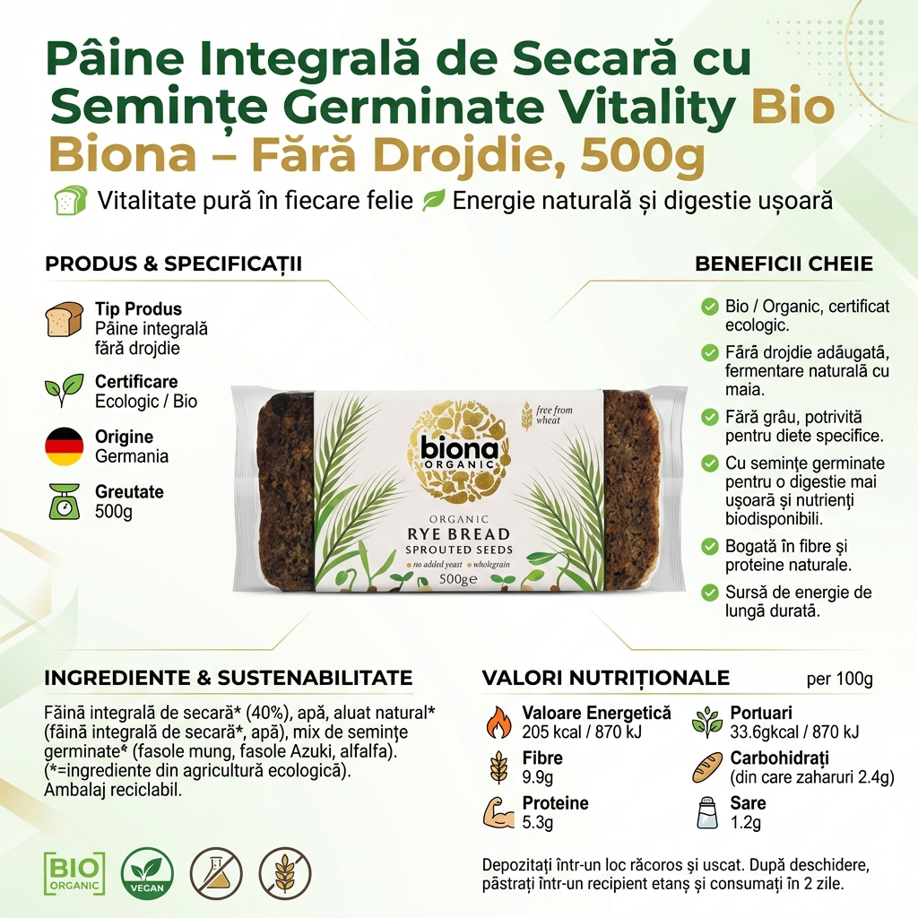 Pâine Integrală de Secară cu Semințe Germinate Vitality Bio Biona - Fără Drojdie, 500g 4