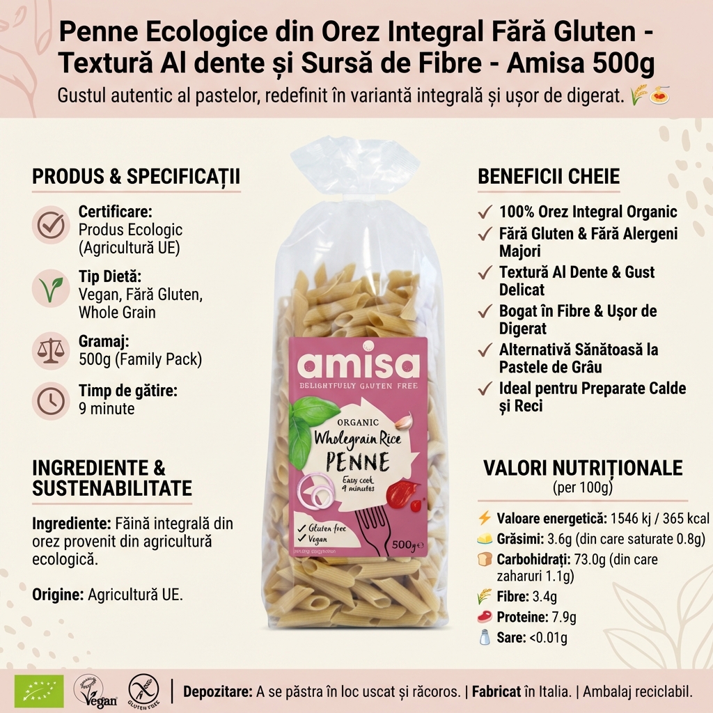 Penne Ecologice din Orez Integral Fără Gluten - Textură Al dente și Sursă de Fibre - Amisa 500g 4