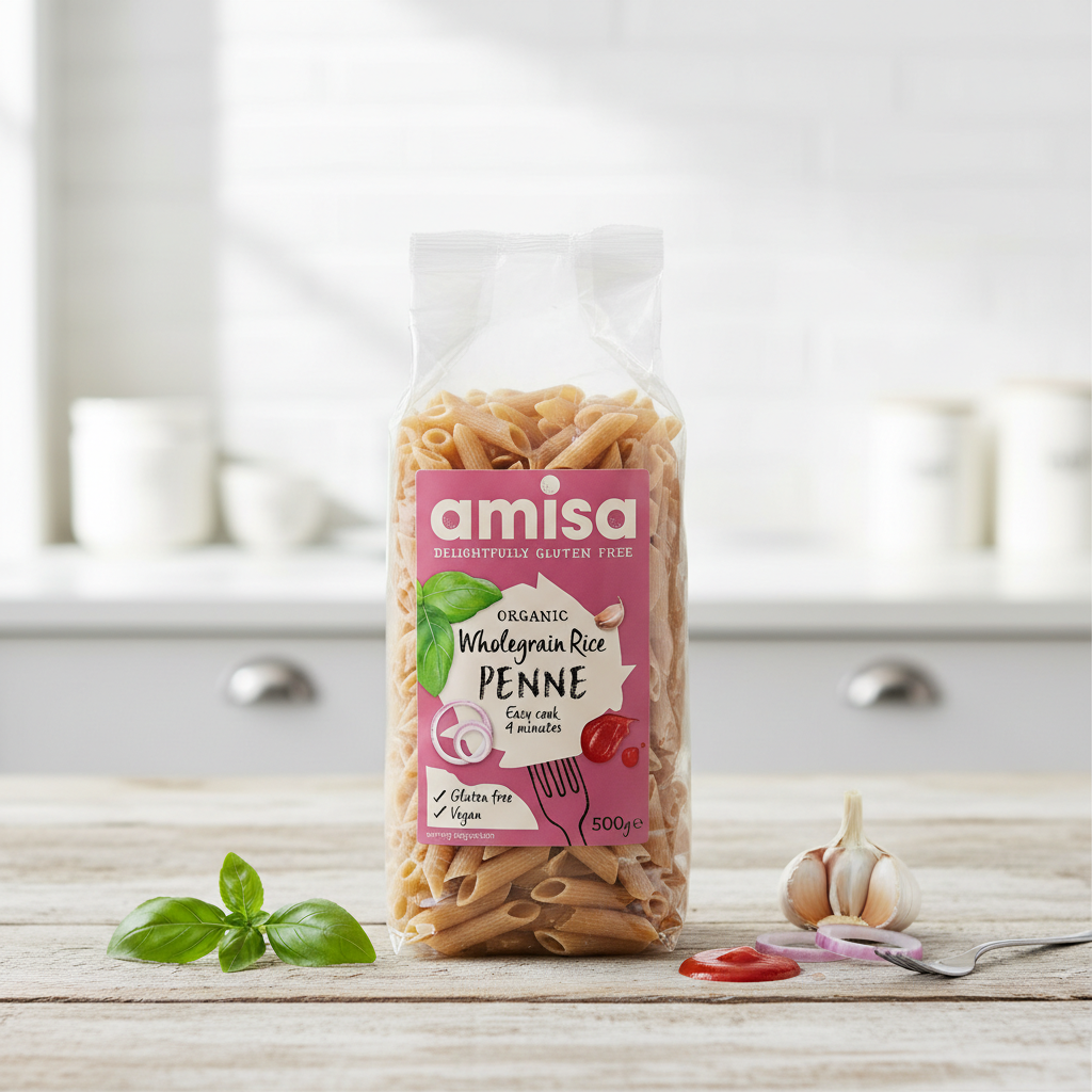 Penne Ecologice din Orez Integral Fără Gluten - Textură Al dente și Sursă de Fibre - Amisa 500g